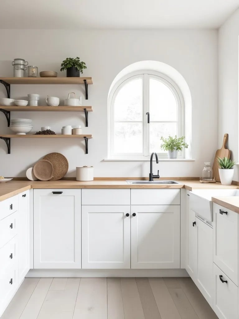 Bright Scandinavian kitchen featuring white cabinets, ash wood counters, and open shelving
