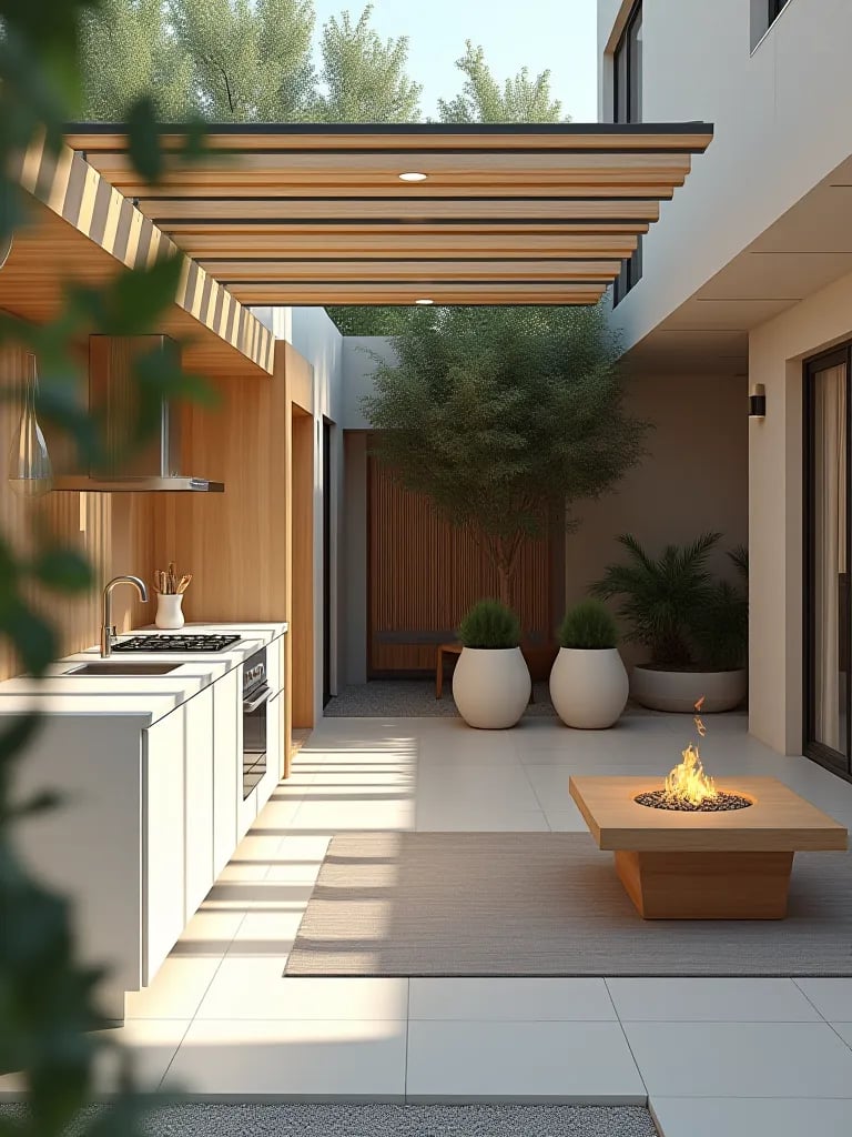 Bright Scandinavian style outdoor kitchen flowing into minimalist patio with fire pit