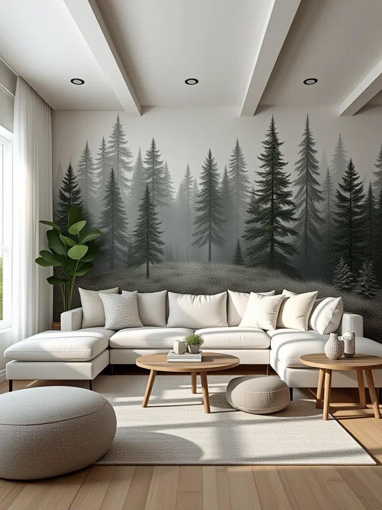 Bright Scandinavian style room with pine forest wallpaper and cozy textiles
