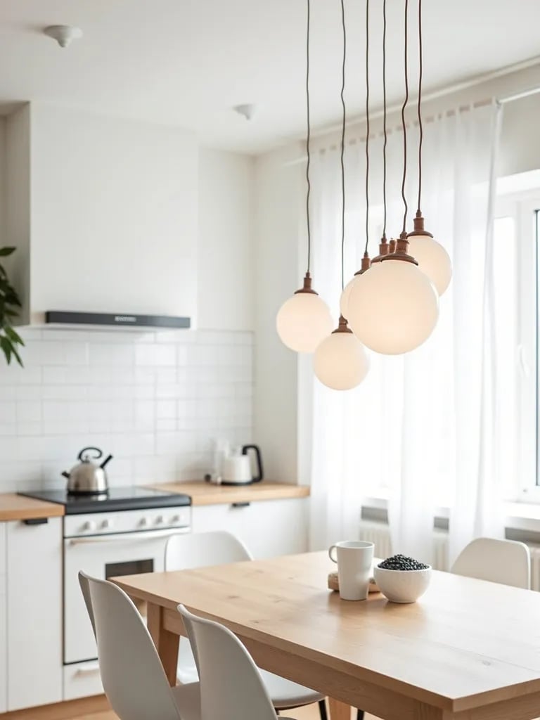 Bright Scandinavian white kitchen with globe pendant lights and wood accents