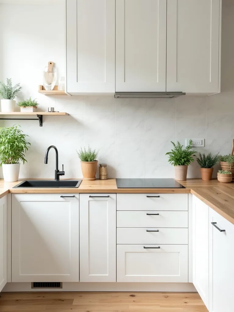 Bright Scandinavian white kitchen with wood accents and herbs