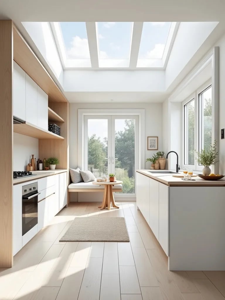 Bright Scandinavian white kitchen with wood accents and skylights