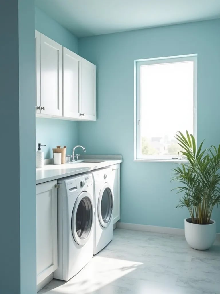 Bright, airy laundry room with soft blue walls and white cabinets