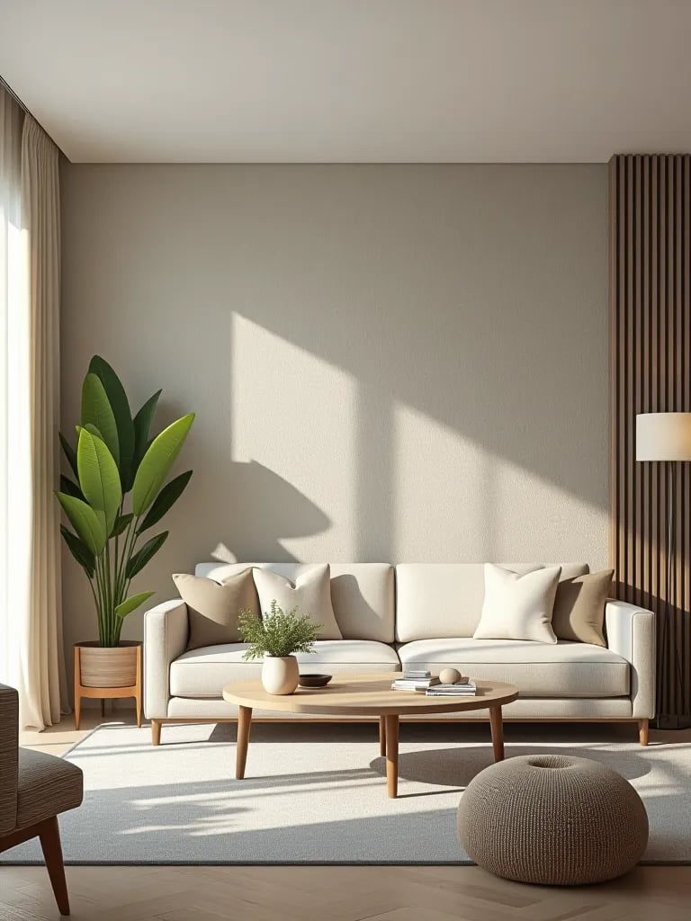 Bright, airy living room with muted textured wallpaper accent wall and sleek furniture