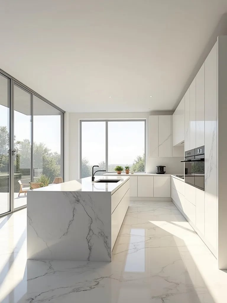 Bright, airy white kitchen with large island and floor to ceiling windows