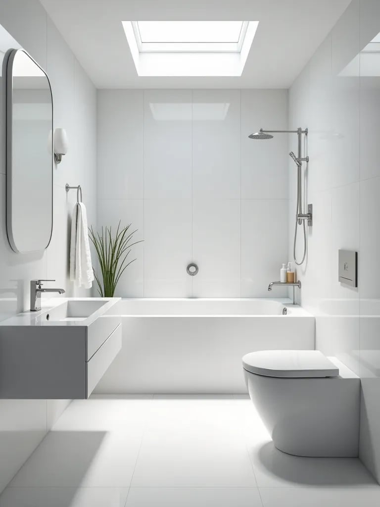 Bright all white small bathroom with freestanding tub and skylight