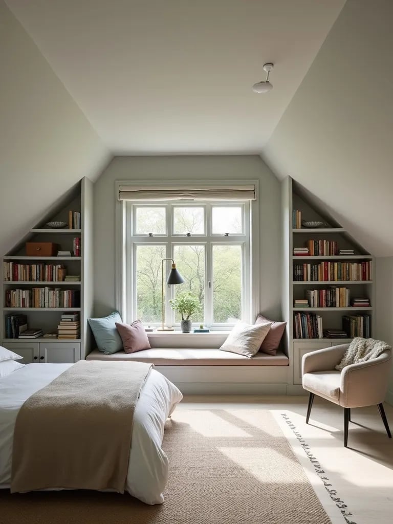 Bright attic bedroom with semi gloss gray walls and built in storage