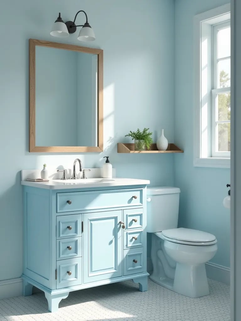Bright bathroom with blue painted vanity and framed mirror