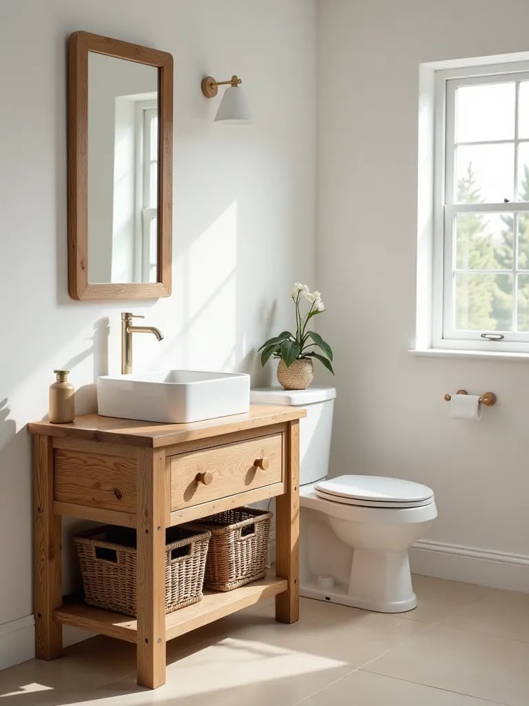 Bright bathroom with narrow coastal style vanity and basket storage