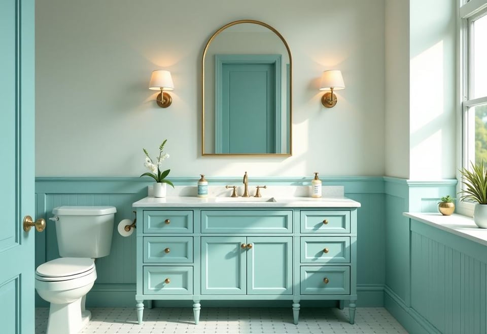 Bright bathroom with teal painted vanity, brass hardware, and white countertop