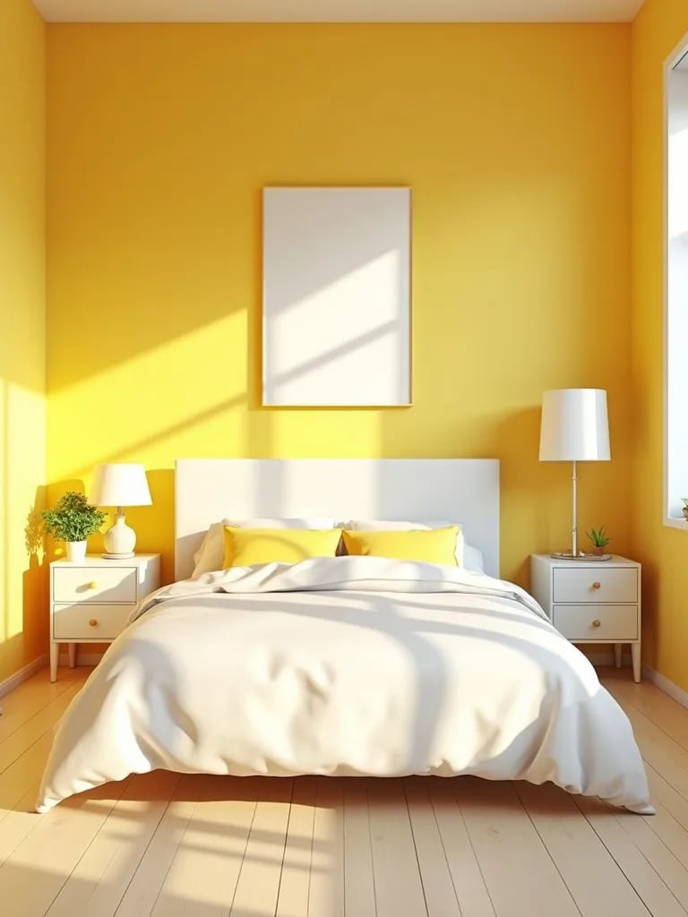 Bright bedroom with sunny yellow walls and white furniture