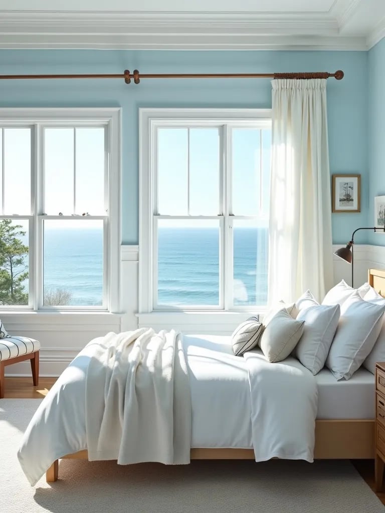 Bright coastal bedroom with satin pale blue walls and nautical accents