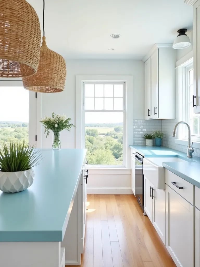 Bright coastal kitchen featuring white cabinets, blue glass counters, and natural textures
