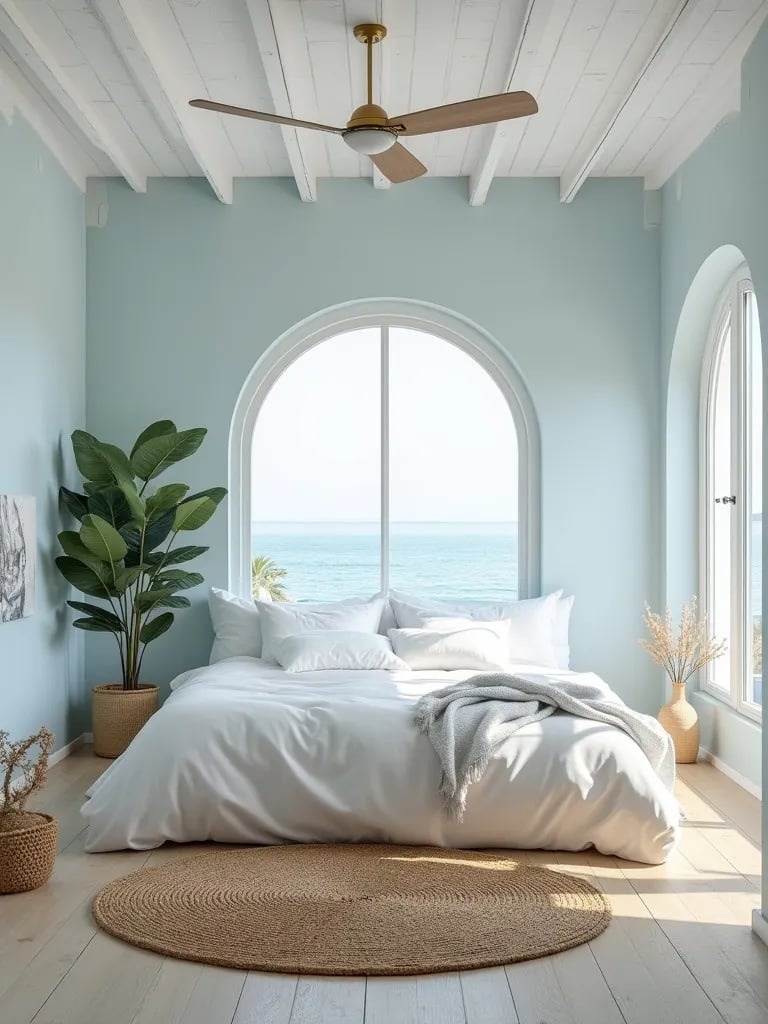 Bright coastal themed bedroom with blue walls and natural textures