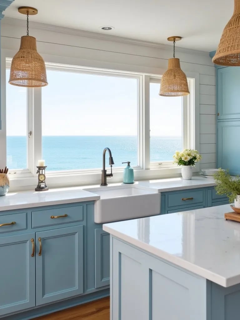 Bright coastal white kitchen with rattan lights and ocean view