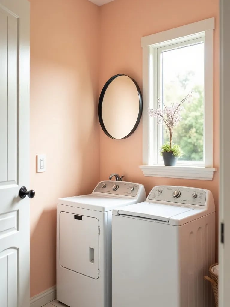 Bright corner laundry area featuring peach walls and reflective mirror