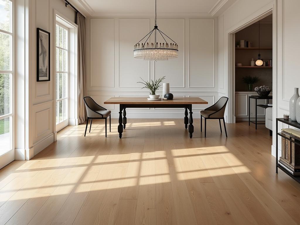 Bright dining area featuring luxury vinyl plank floors and contemporary furniture