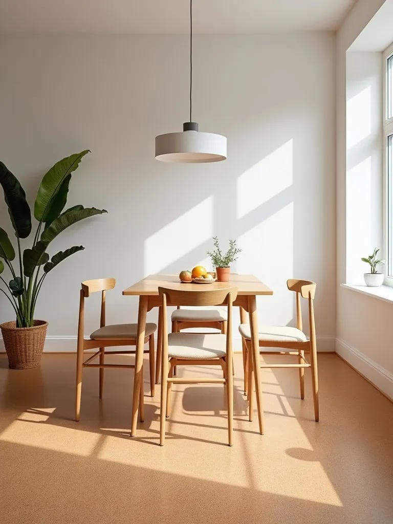 Bright dining area featuring textured cork flooring and Scandinavian decor