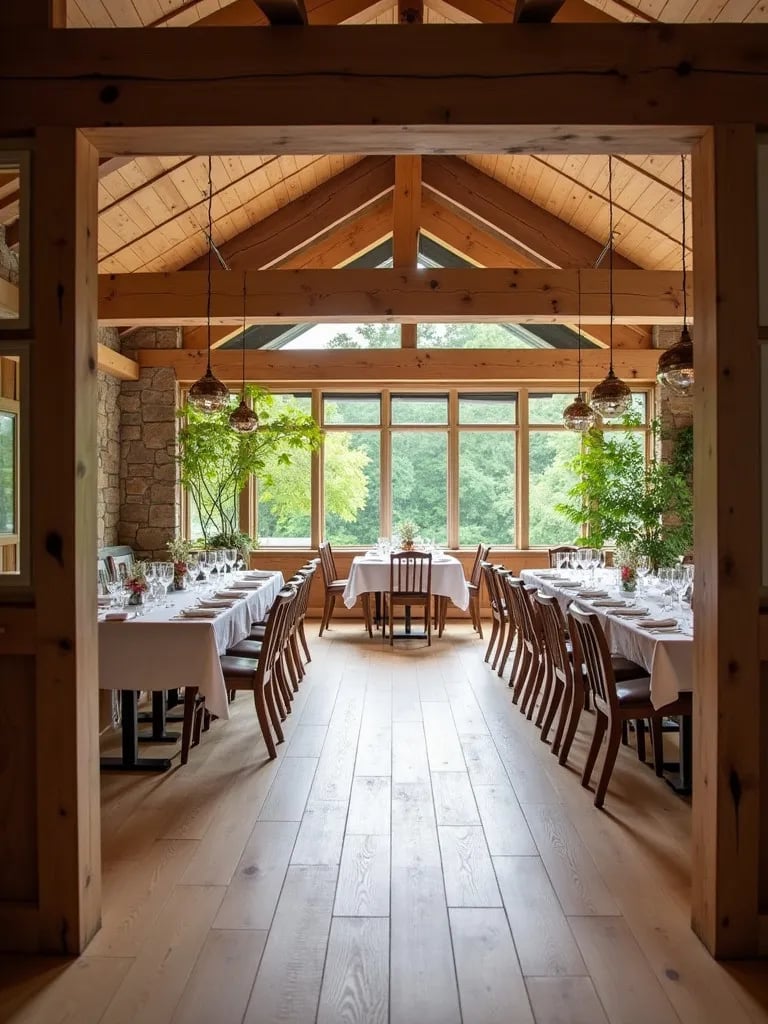 Bright dining area featuring wide plank light oak flooring