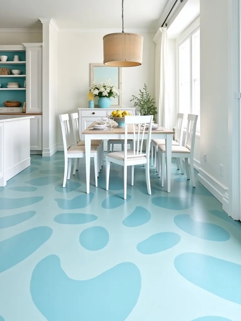 Bright dining area with white furniture and wave patterned epoxy flooring