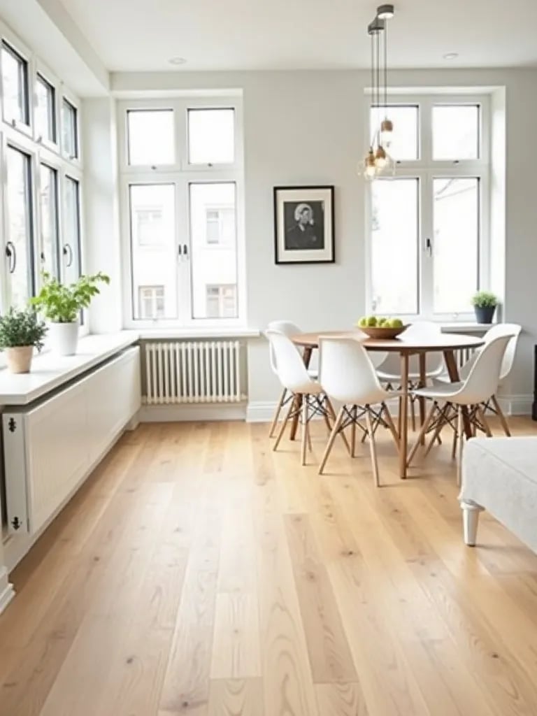 Bright dining room with light oak laminate flooring and modern decor