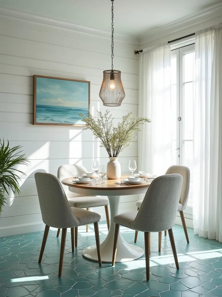 Bright dining room with wave patterned aqua ceramic tile floor and white shiplap walls
