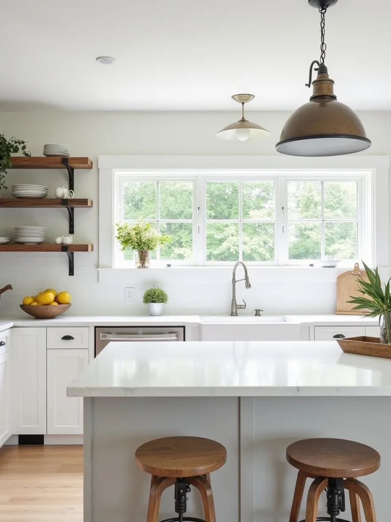 Bright farmhouse kitchen with eclectic light fixtures and large window