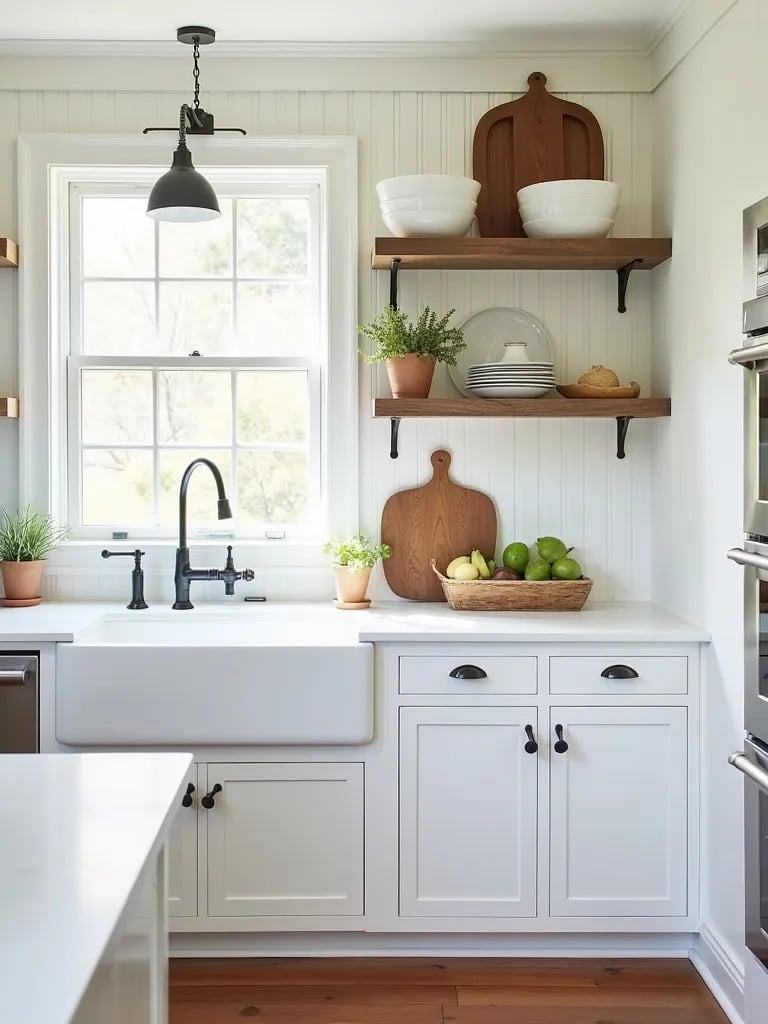 Bright farmhouse style white kitchen with rustic elements