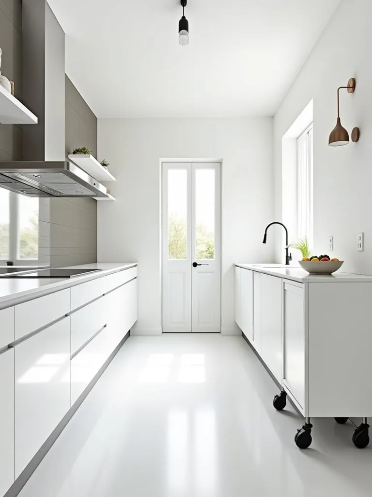 Bright galley kitchen with mirrored backsplash and rolling cart