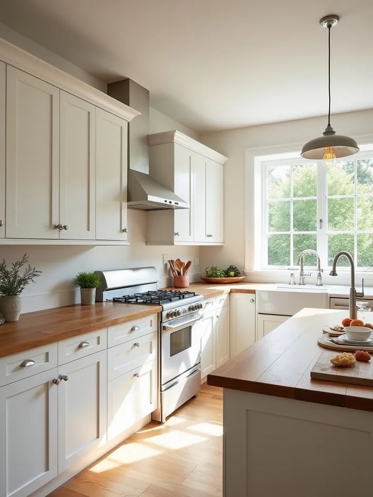 Bright kitchen featuring white shaker cabinets and warm wooden countertops