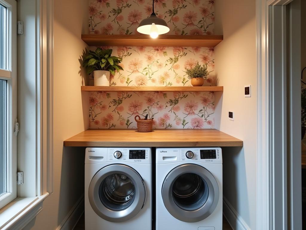 Bright laundry nook featuring colorful floral wallpaper and modern appliances