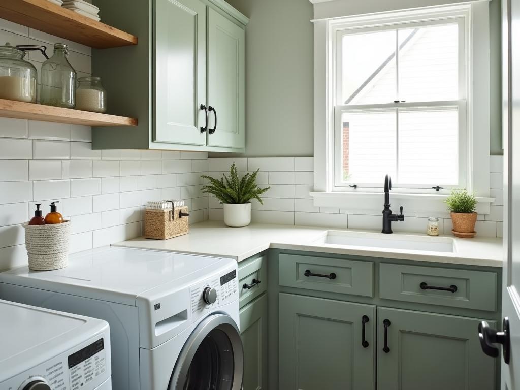 Bright laundry nook featuring sage cabinets and quartz countertop