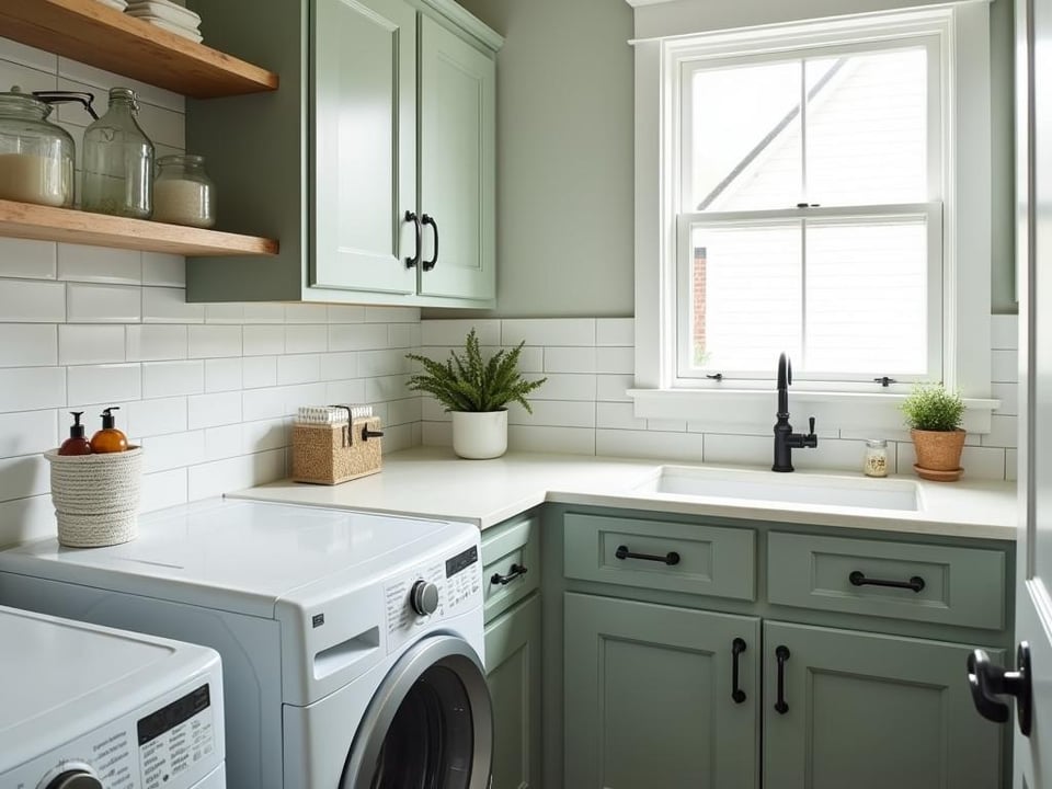 Bright laundry nook featuring sage cabinets and quartz countertop