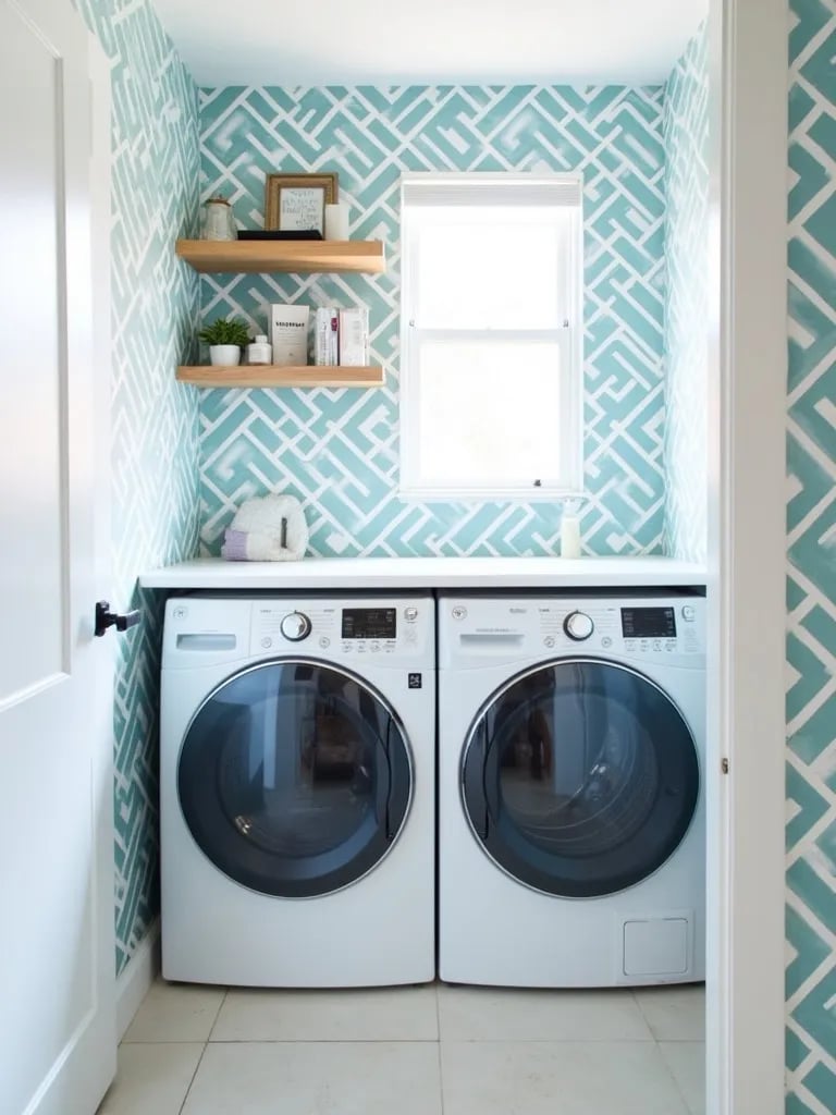 Bright laundry room featuring bold geometric wallpaper and efficient layout