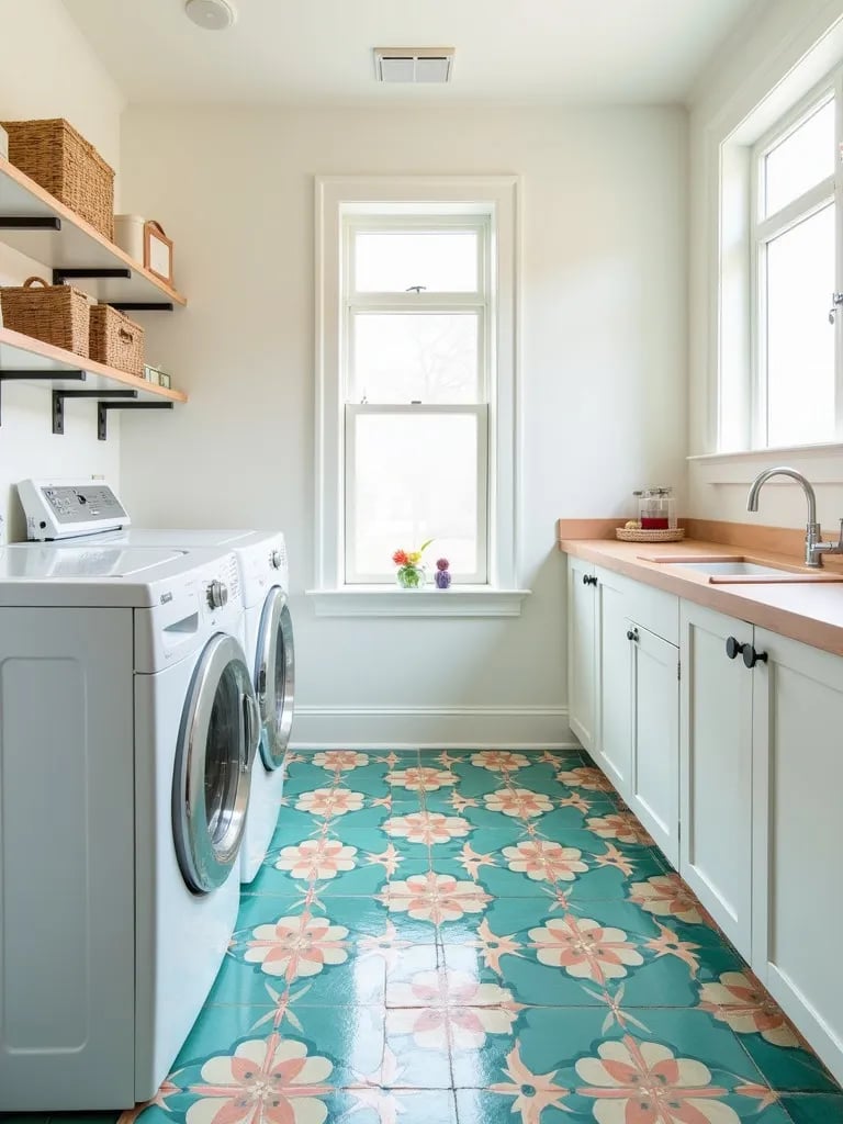Bright laundry room featuring teal and coral floral floor pattern