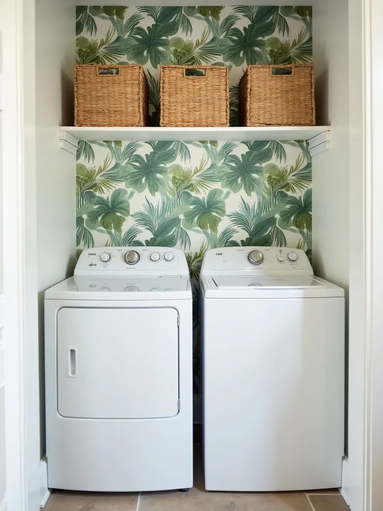 Bright laundry room featuring tropical wallpaper and white countertop