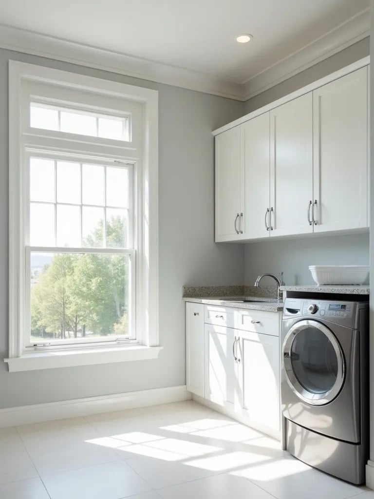 Bright laundry room featuring white, gray, and stainless steel elements