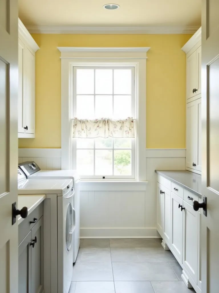 Bright laundry room featuring yellow walls, white accents, and gray flooring