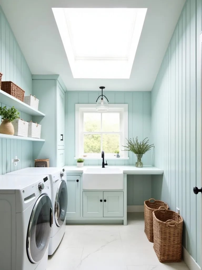 Bright laundry room with blue beadboard walls and farmhouse sink