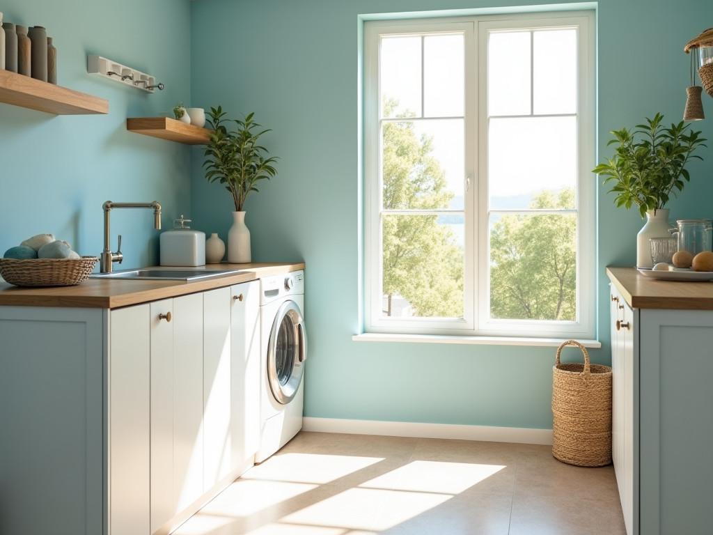 Bright laundry room with blue walls, white cabinets, and natural wood accents