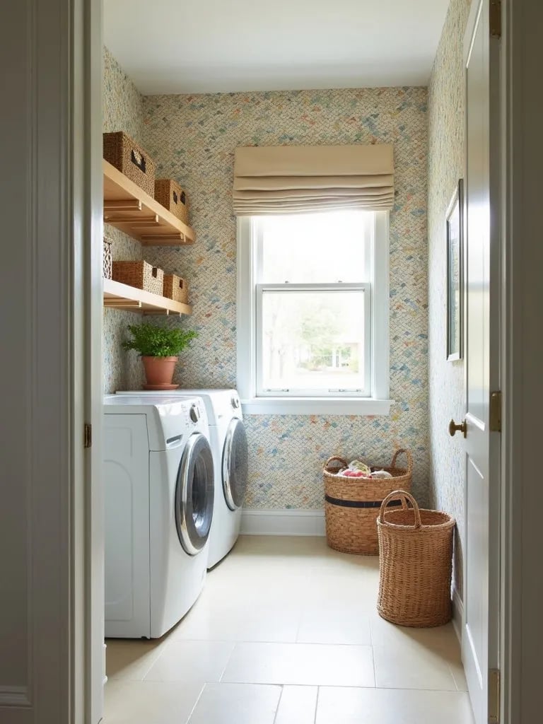 Bright laundry room with colorful mosaic inspired wallpaper and open shelving