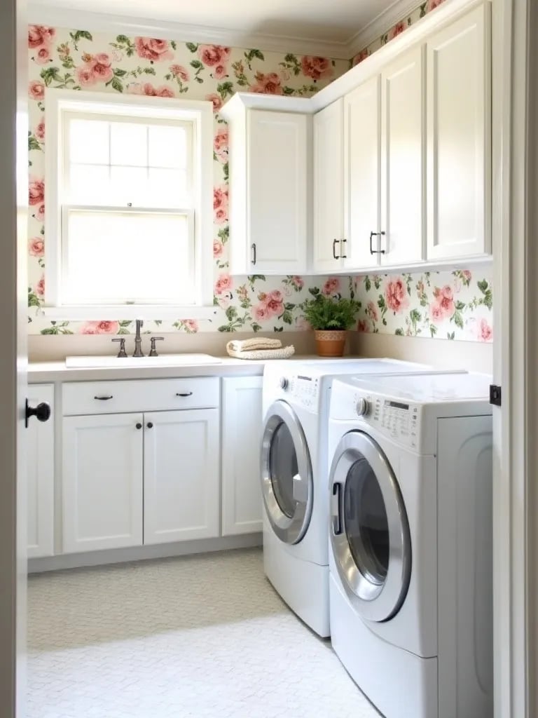 Bright laundry room with floral wallpaper and modern appliances