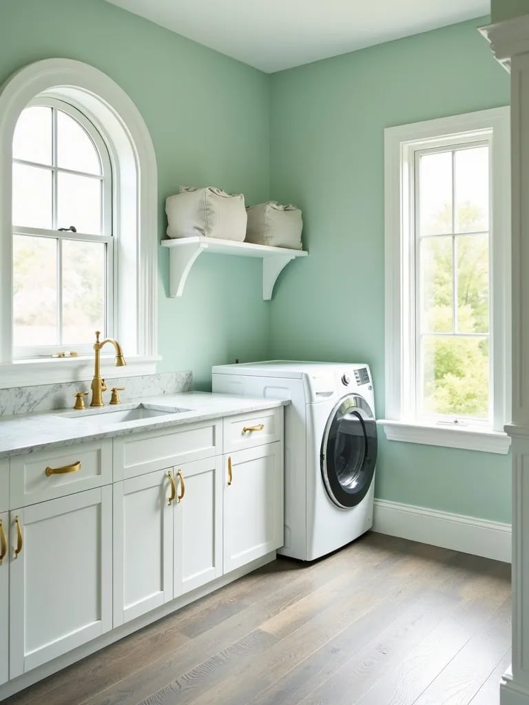 Bright laundry room with mint walls and large arched window