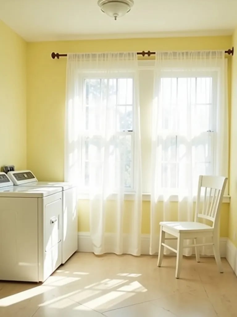 Bright laundry room with pale yellow walls and white curtains