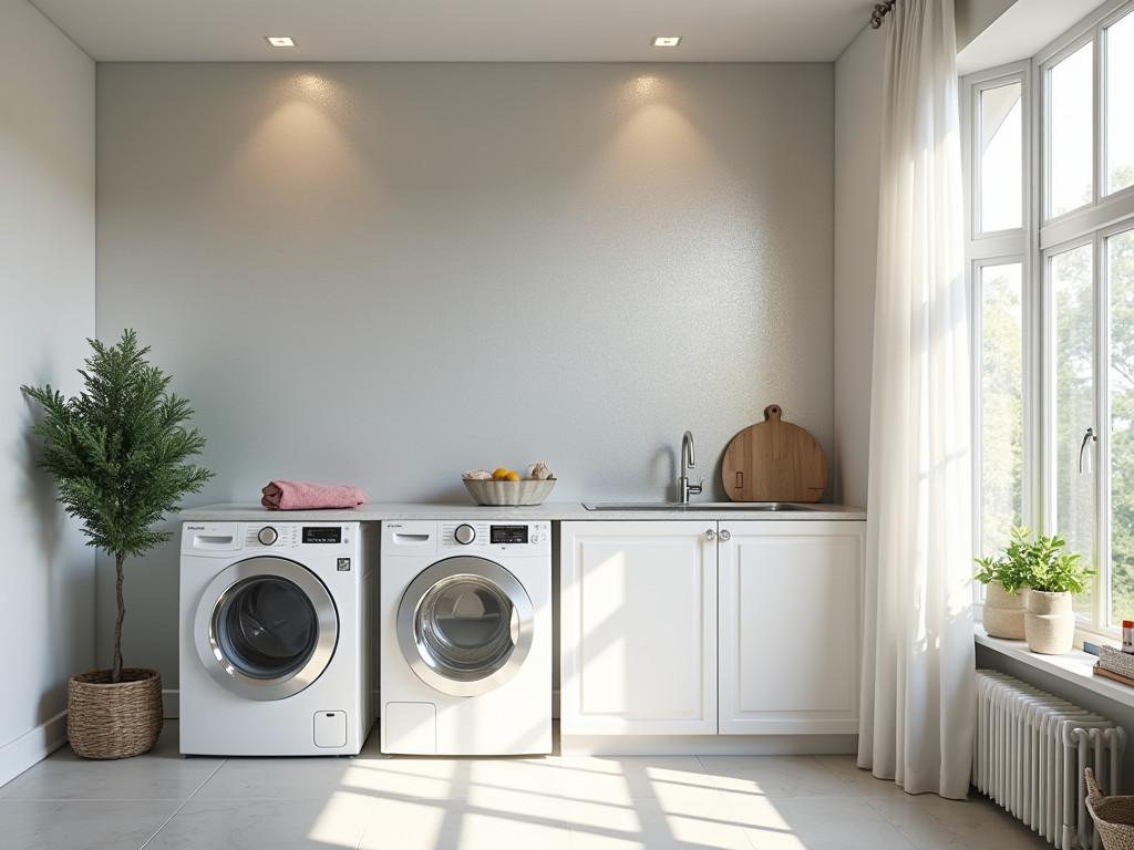 Bright laundry room with shimmering metallic wallpaper and large window