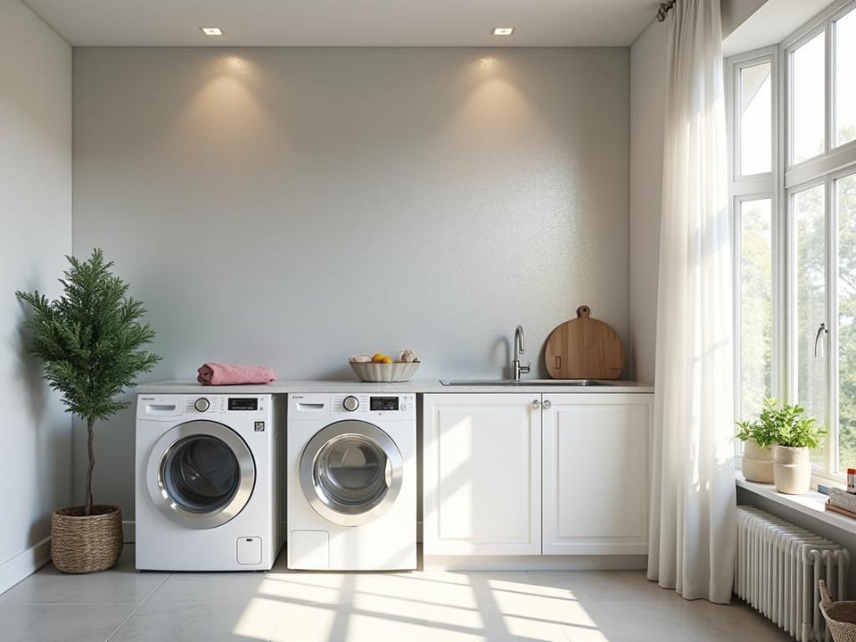 Bright laundry room with shimmering metallic wallpaper and large window