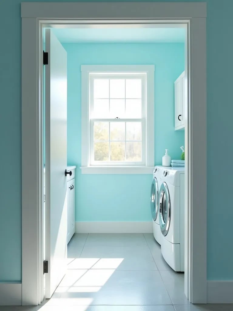 Bright laundry room with soft blue walls and natural light