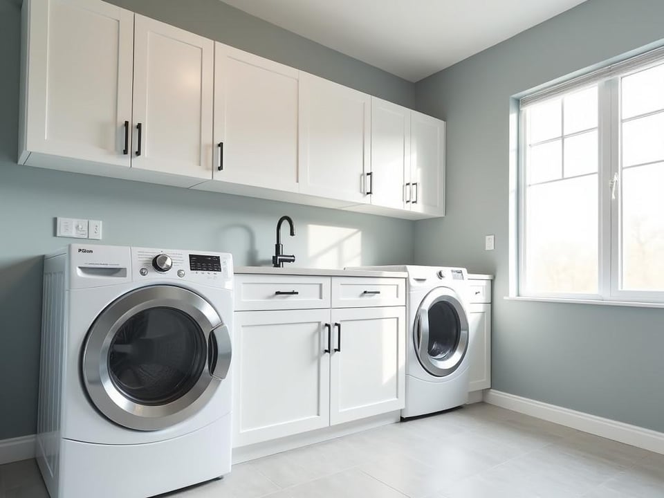 Bright laundry room with white cabinets, gray walls, and stainless steel appliances