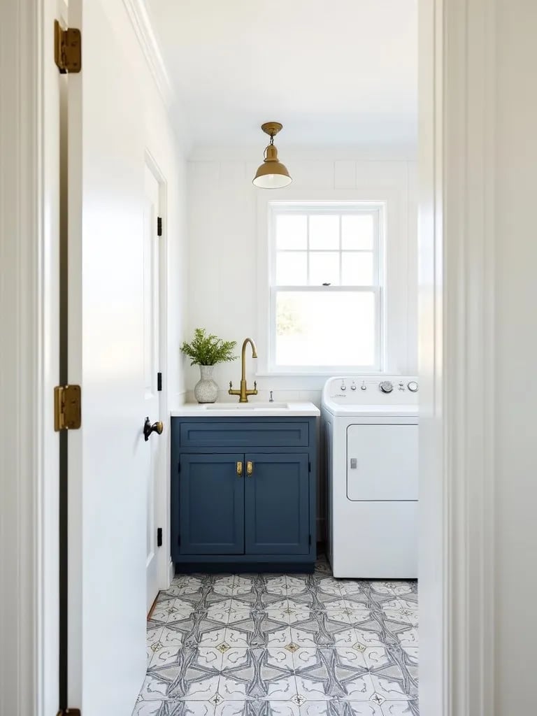 Bright laundry room with white walls, navy cabinets, and patterned floor