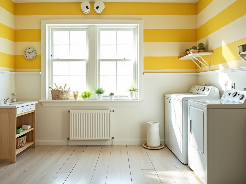 Bright laundry room with yellow striped wallpaper and modern appliances